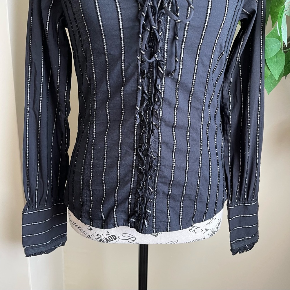 Zara Basic Stripe Tie-Front Button Down Top Black… - image 6